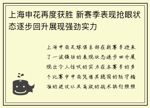 上海申花再度获胜 新赛季表现抢眼状态逐步回升展现强劲实力