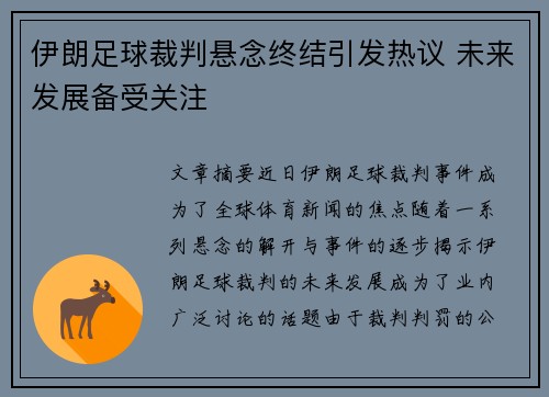 伊朗足球裁判悬念终结引发热议 未来发展备受关注
