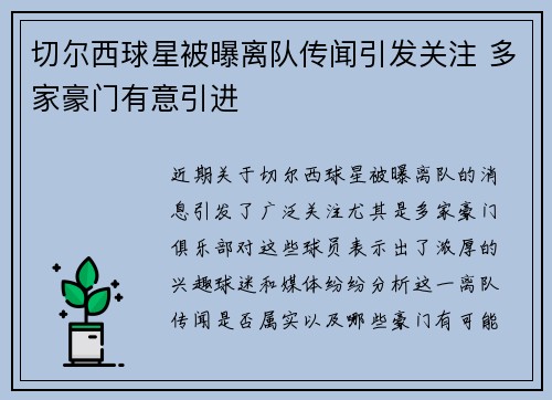 切尔西球星被曝离队传闻引发关注 多家豪门有意引进