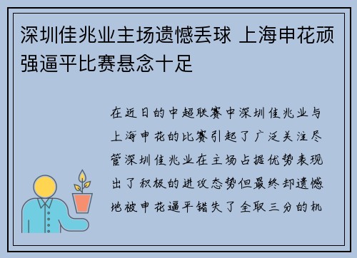 深圳佳兆业主场遗憾丢球 上海申花顽强逼平比赛悬念十足
