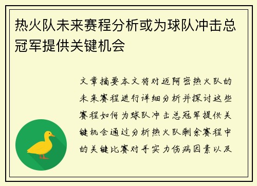 热火队未来赛程分析或为球队冲击总冠军提供关键机会