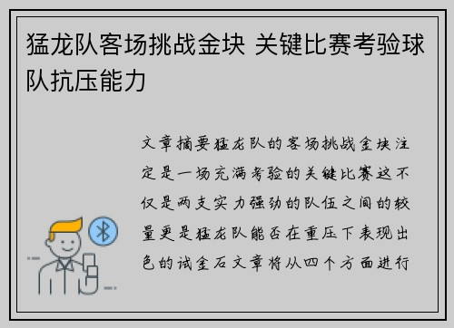 猛龙队客场挑战金块 关键比赛考验球队抗压能力