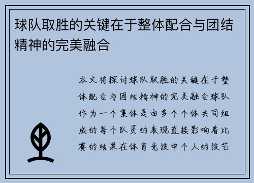 球队取胜的关键在于整体配合与团结精神的完美融合